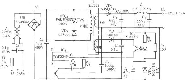 TOP224P構(gòu)成的12V、20W開關(guān)直流穩(wěn)壓電源電路